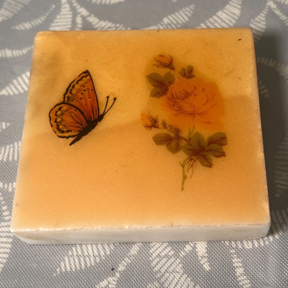Vintage Butterfly and yellow rose Paperweight Stone Marble‎ Yellow 1970's